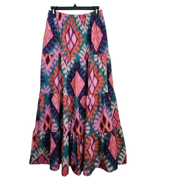 SSYS Tiered Maxi Skirt M‎ Ikat Sadie Boho Hippie Patchwork Cottage Pull on Lined - Picture 1 of 13